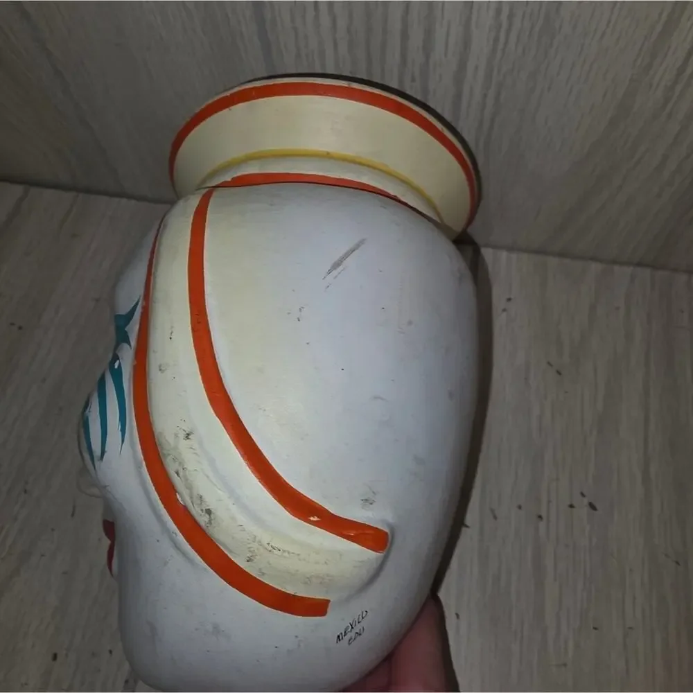 Vtg Mexican Folk Art Pottery Head Vase Mask Hand Painted Unique Signed Planter